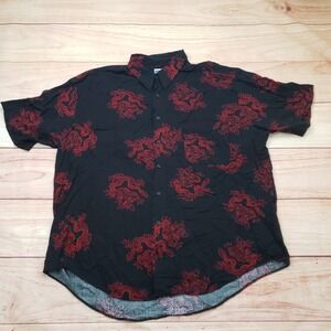 VINTAGE UNTIED Shirt Mens XL Black Dragon Print Button Down Red Rayon 90s Y2K